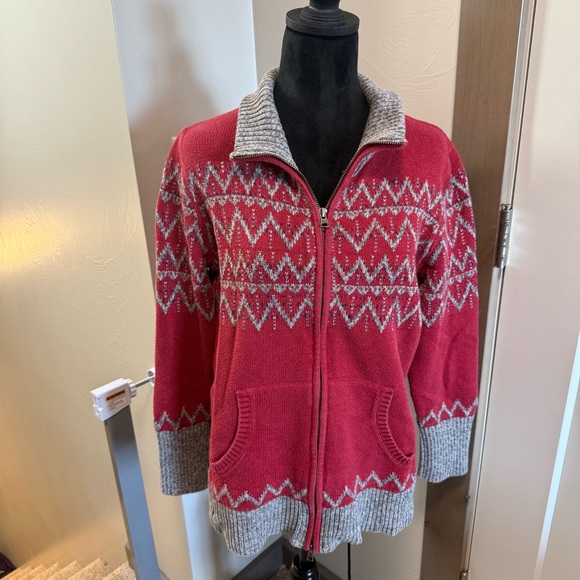 Eddie Bauer Sweaters - Eddie Bauer Full Zip Fair Isle Collared Grey Red Sweater Christmas Winter Knit L